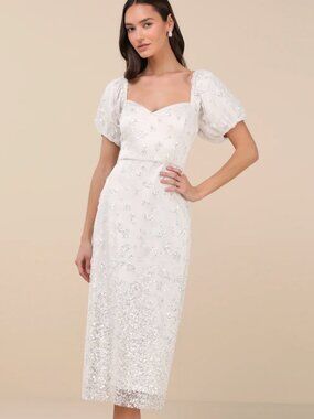 NWT Lulus Glorious Poise Ivory Sequin Pearl Puff Sleeve Midi Dress - size L